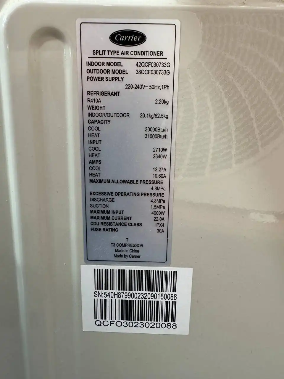 کولر گازی کریر 30000 عادی 42QCF030733G 38QCF030733G