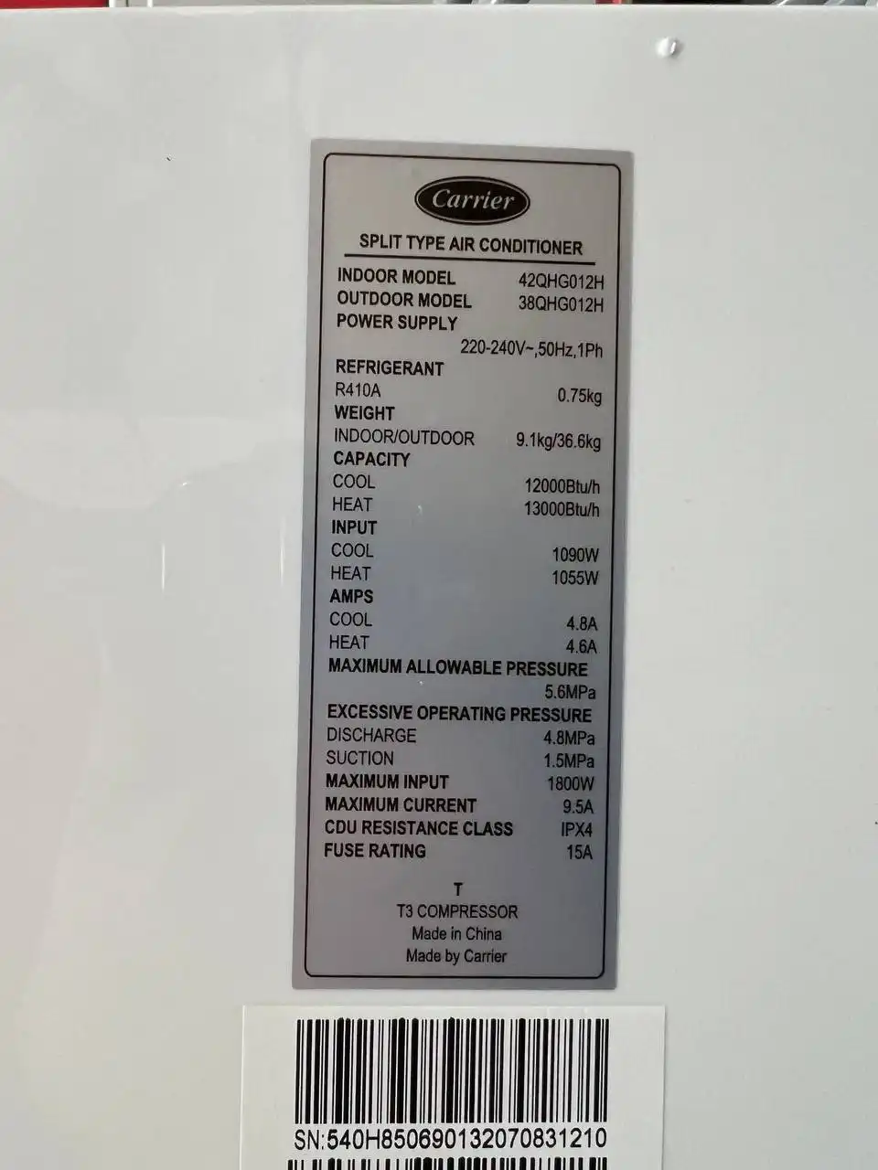 کولرگازی کریر 12000 عادی 42QHG012H 38QHG012H