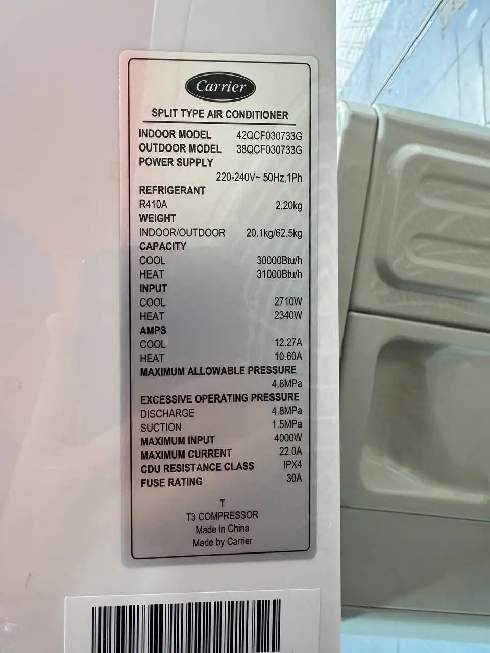 کولر گازی کریر 30000 عادی 42QCF030733G 38QCF030733G